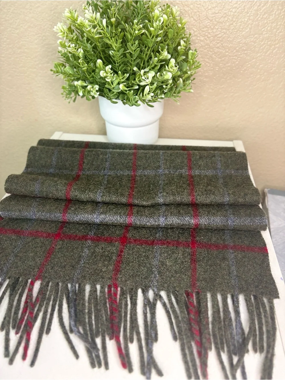 John Hanly Ireland Wool Cashmere Plaid Fringe Scarf Green Tartan Unisex